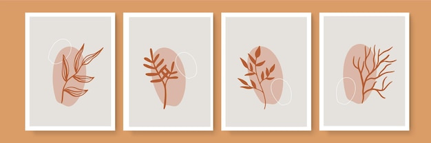 Conjunto de vector de arte de pared botánico. Dibujo de arte de línea de follaje de fondo de tono de tierra con forma abstracta y acuarela. Diseño para impresiones enmarcadas en la pared, impresiones en lienzo, póster, decoración del hogar, portada, papel tapiz.