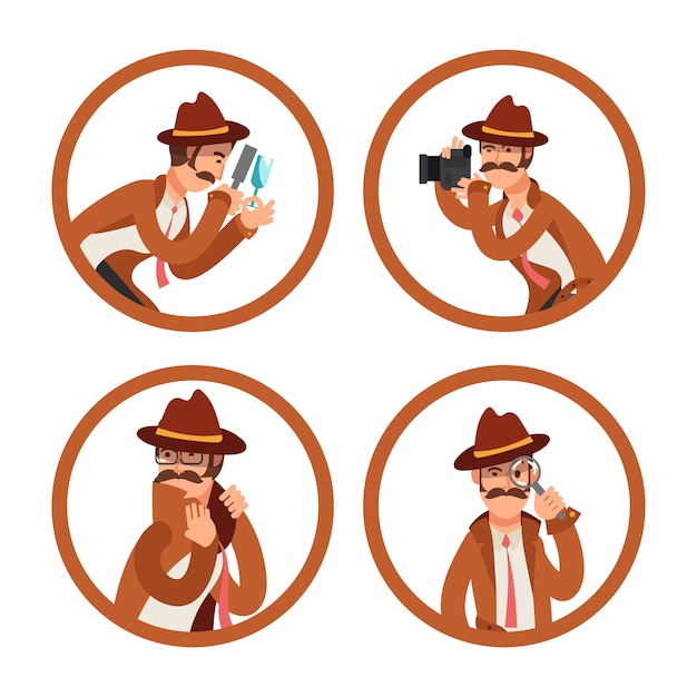 Conjunto de vector de avatares detective de dibujos animados