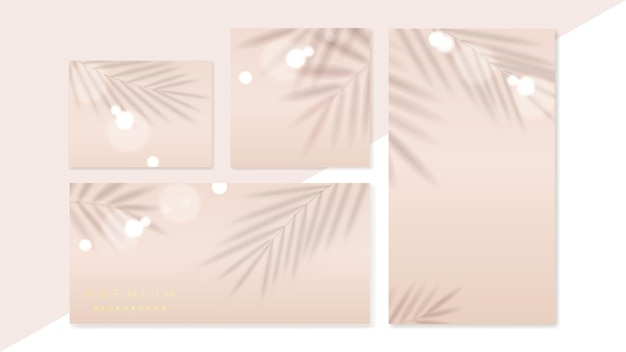 Conjunto de vector de banner abstracto beige Vitrina o póster con sombra de hojas de palma y rayos de sol