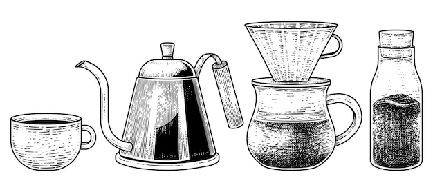 Conjunto de vector de boceto de herramientas de cafetera Ilustración de elementos dibujados a mano