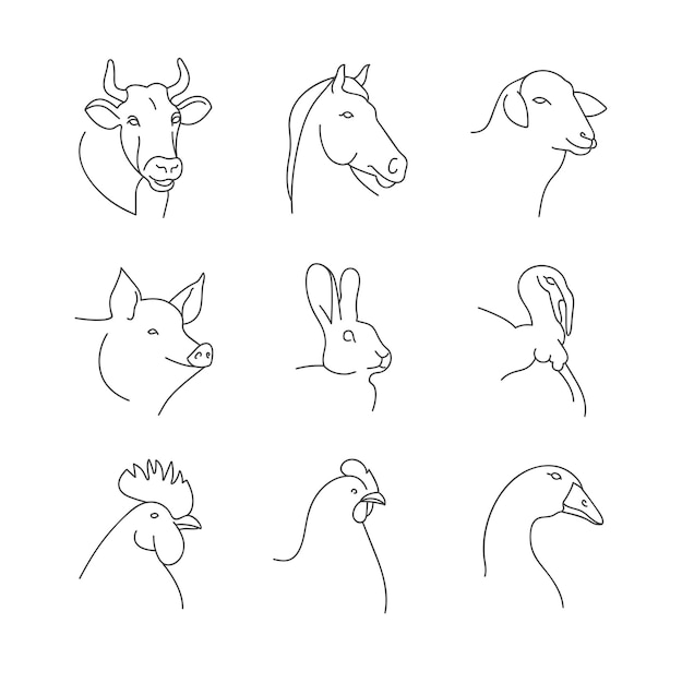 Conjunto de vector de cabezas de ilustración lineal de animales de granja aislados en fondo blanco.
