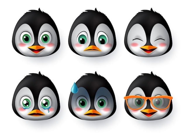 Conjunto de vector de cara de emoji o emoticono de pingüinos cara de animal emoji de pingüino con gafas de sol