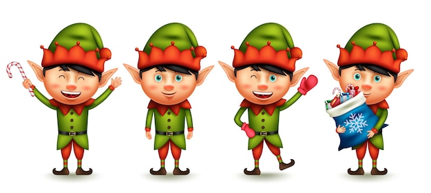 Conjunto de vector de caracteres de duende navideño. Chico elfos personajes 3d saludando, sosteniendo y dando bastón de caramelo.