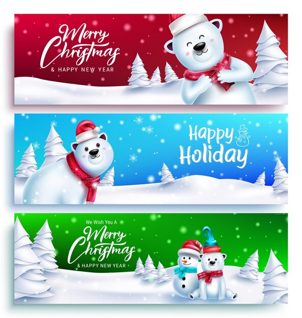 Conjunto de vector de caracteres de saludo de Navidad. Texto de feliz navidad con personajes 3d de osos polares.