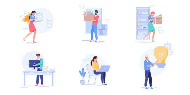 Conjunto, de, vector, caricatura, plano, oficina, caracteres, proceso de trabajo., Empleados, realizar, tareas, exceso, trabajo, en, plazo, llevar cosas, trabajo, en, computadora portátil, buscar, nuevo, ideas, oficina, flujo de trabajo, sitio web, banner, concepto