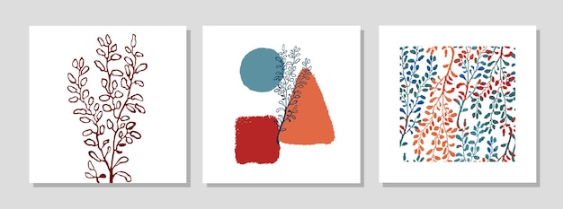 Conjunto de vector de cartel moderno collage con formas abstractas e ilustración de la planta. Estilo escandinavo. Para carteles, impresión, plantilla de tarjeta de felicitación, publicación en redes sociales