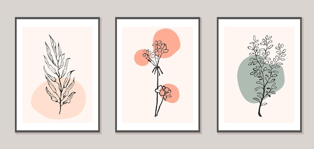 Conjunto de vector de cartel moderno collage con formas abstractas e ilustración de la planta. Estilo escandinavo. Para carteles, impresión textil, papel de regalo, plantilla de tarjeta de felicitación, publicación en redes sociales