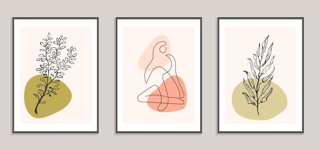 Conjunto de vector de cartel moderno collage con formas abstractas e ilustraciones de una línea del cuerpo de la mujer
