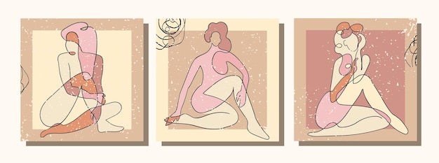 Vector conjunto de vector de cartel moderno collage con formas abstractas e ilustraciones de una línea del cuerpo de la mujer