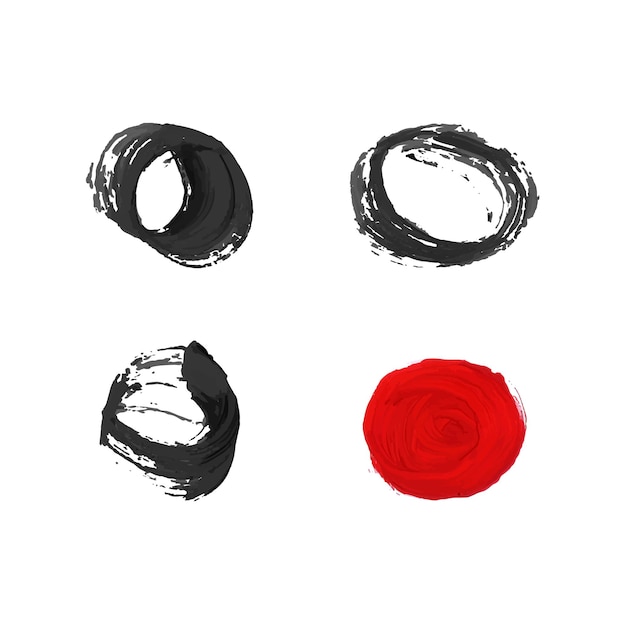 Conjunto de vector de círculos negros y rojos, pinceladas aisladas sobre fondo blanco, concepto de pintura de tinta tradicional japonesa.