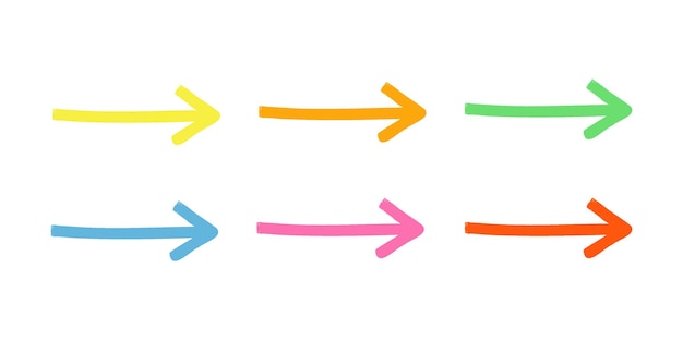 Conjunto de vector de color de rotulador de pizarra dibujada a mano con flecha. signo de flecha resaltador