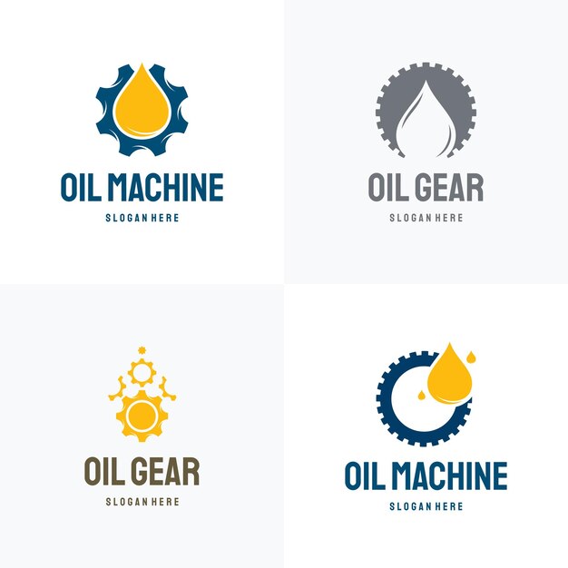 Conjunto de vector de concepto de diseños de logotipo de industria petrolera, símbolo de plantilla de logotipo de máquina de engranajes de aceite