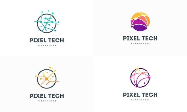 Conjunto de vector de concepto de diseños de logotipo de tecnología Pixel, símbolo de logotipo de red de Internet, logotipo de cable digital