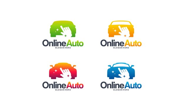 Conjunto de vector de concepto de diseños de logotipos automotrices en línea, símbolo de plantilla de logotipo de servicio de transporte en línea