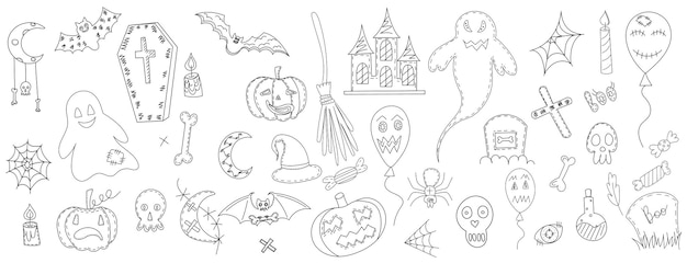 Conjunto para vector de contorno de bosquejo de garabato de halloween aislado