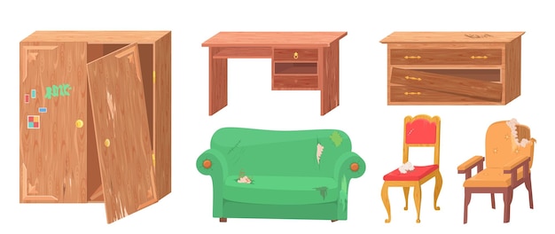 Conjunto de vector de cosas de habitación rota de muebles viejos