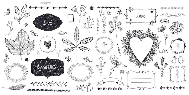 Vector conjunto de vector de decoración floral, marcos de doodle dibujados a mano, divisores, bordes, elementos. aislado. colección vintage romántica