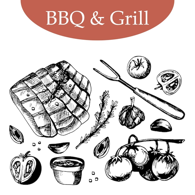 Conjunto de vector dibujado a mano de carne y verduras a la parrilla, fiesta de barbacoa. Ilustración de vector de libro culinario, menú de restaurante, cafetería, diseño de alimentos, escaparates. Ajo, tomate, romero, bistec.