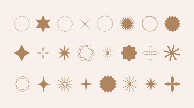 Conjunto de vector dibujado a mano de estilo boho de primera calidad. Iconos de estrellas de diferentes formas, pictogramas,