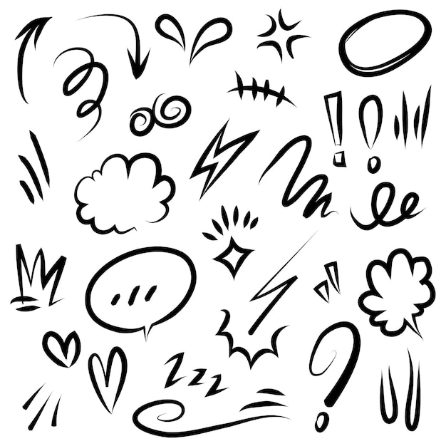 Conjunto de vector de dibujado a mano lindo caricaturesco expresión signo garabato línea trazo movimiento dibujo curva flechas direccionales efectos emoticonos elementos de diseño personaje de dibujos animados emoción símbolos