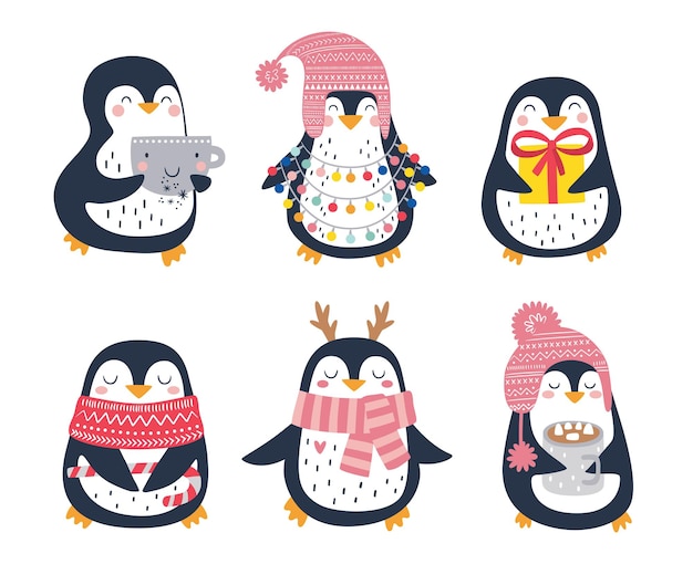 Conjunto de vector dibujado a mano de lindos pingüinos divertidos