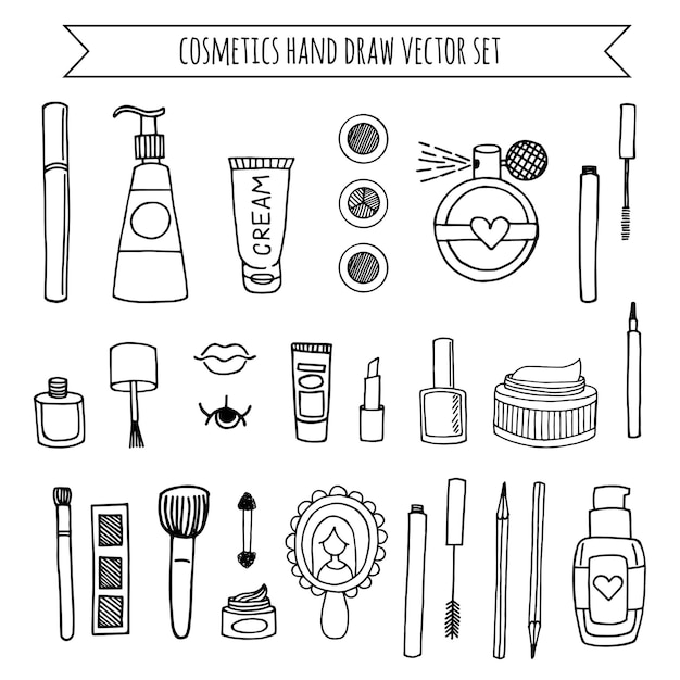 Conjunto de vector dibujado a mano de maquillaje y cosméticos. moda de fondo