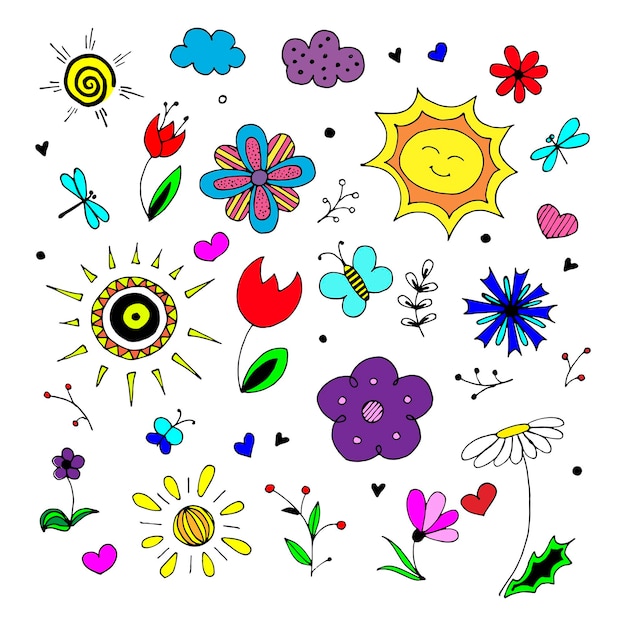 Conjunto de vector dibujado a mano de primavera. Conjunto de dibujos animados coloreados de objetos y símbolos sobre el tema de la naturaleza de primavera. Colección de elementos simples, aislado en blanco