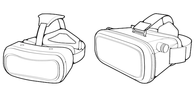 Conjunto de vector de dibujo de contorno de auriculares de realidad virtual auriculares de realidad virtual dibujados en una línea negra de estilo de boceto vector de contorno de plantilla de entrenadores de auriculares de realidad virtual ilustración