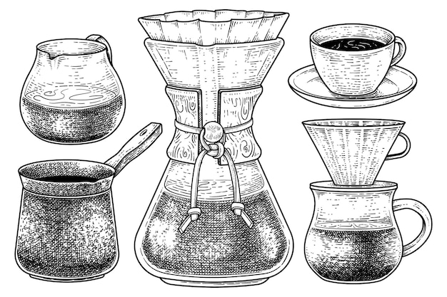 Conjunto de vector de dibujo de herramientas de cafetera