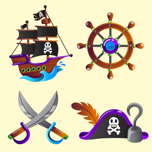 Conjunto de vector de dibujos animados de equipo pirata de aventura