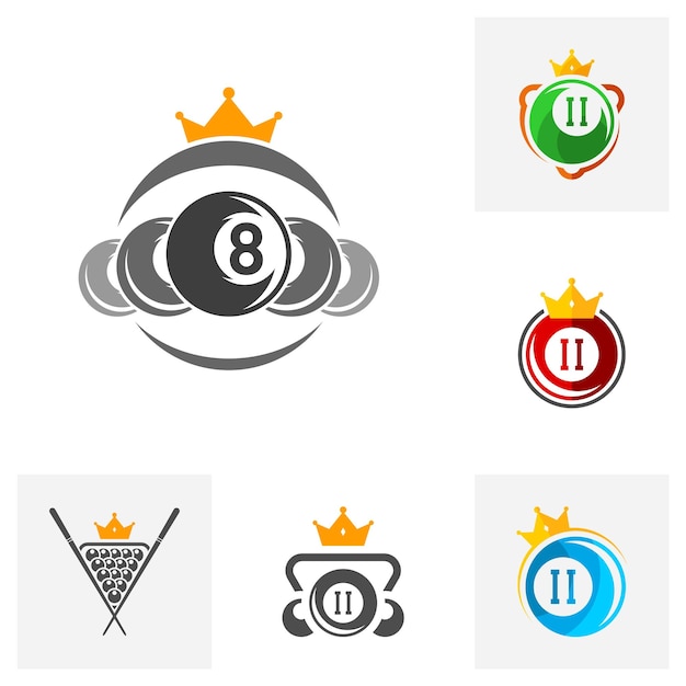 Conjunto de vector de diseño de logotipo de King Billiards Etiquetas deportivas para sala de billar Plantilla de logotipo de club de billar