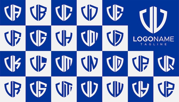 Conjunto de vector de diseño de logotipo de letra V de escudo. Conjunto de plantillas de logotipo de seguridad V simple.
