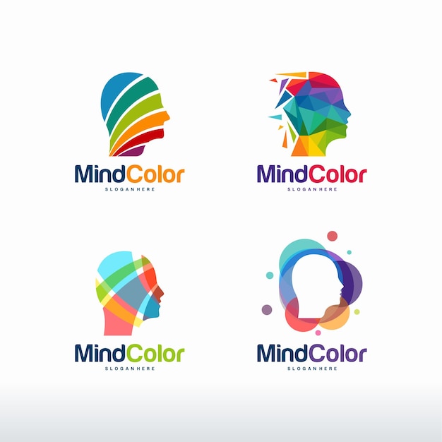 Conjunto de vector de diseños de logotipo de cabeza colorida, mente creativa, aprendizaje y diseño de iconos. Cabeza de hombre, símbolos de personas