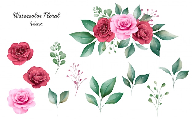 Conjunto de vector de elementos florales acuarela de durazno y borgoña rosa flores y hojas con ramo.