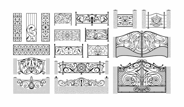 Conjunto de vector de elementos forjados. vallas metálicas, portones, celosía. decoraciones para trabajos en hierro.