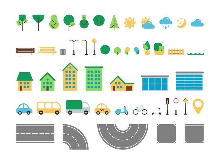 Vector conjunto de vector de elementos urbanos de ciudad plana simple. colección de constructores de decoración para exteriores de parques y calles. árbol, clima, camino, casa, transporte, letrero de calle aislado para iconos web, aplicación móvil, infografía.