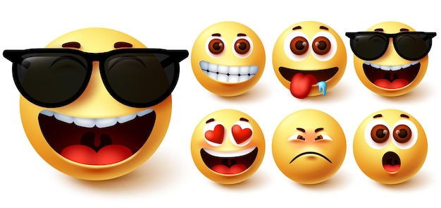 Conjunto de vector de emoji linda cara amarilla con diferentes sentimientos y expresiones faciales