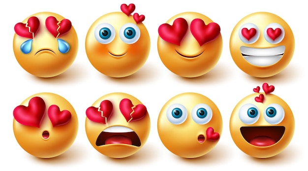 Vector conjunto de vector de emoji valentines. personajes emojis en 3d enamorados, ruborizados y felices.