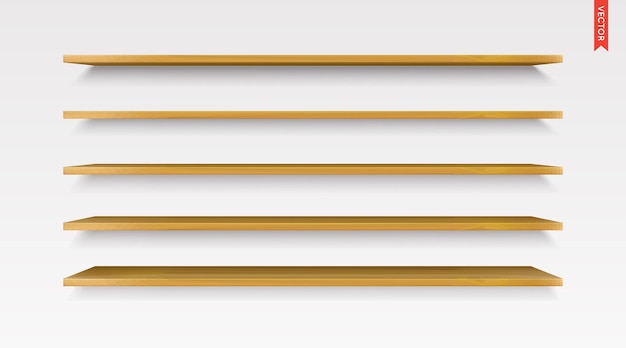 Conjunto de vector de estantes de madera aislado en el fondo de la pared