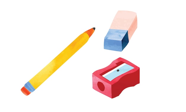 Conjunto de vector de estilo de dibujo acuarela lápiz, sacapuntas y borrador. Lápiz acuarela, sacapuntas