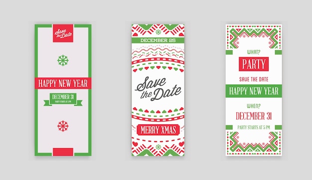 Conjunto de Vector Feliz Año Nuevo o Feliz Navidad tema Guardar la fecha Invitación a la fiesta