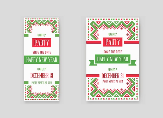 Conjunto de Vector Feliz Año Nuevo o Feliz Navidad tema Guardar la fecha Invitación a la fiesta