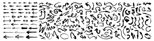 Conjunto de vector de flecha grunge Gran conjunto de flechas de grunge dibujadas a mano Conjunto de flechas de trazos de pincel de tinta de pintura negra Ilustración vectorial