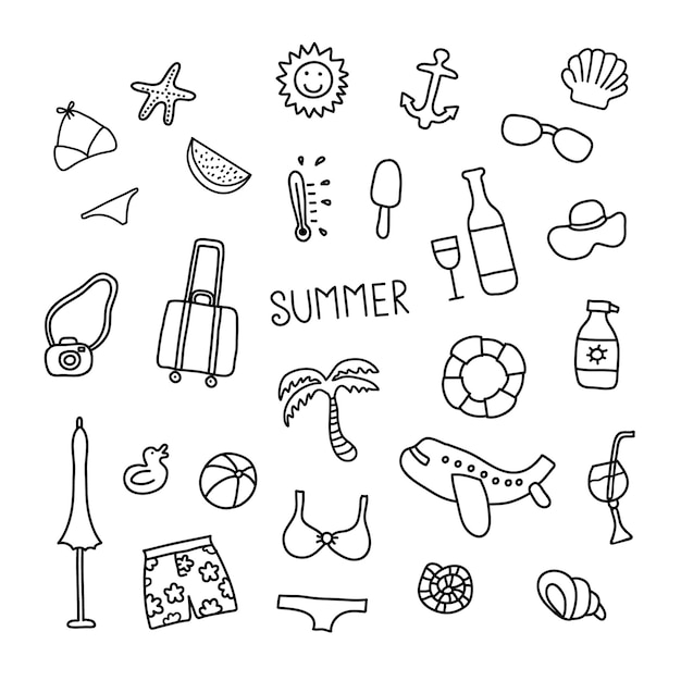 conjunto, de, vector, garabato, verano, iconos