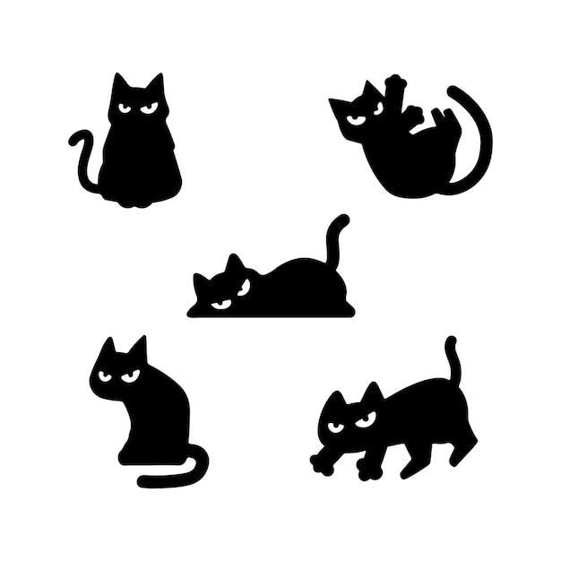 Conjunto de vector de gato negro minimalista con varias expresiones