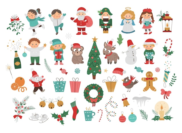 Conjunto de vector grande de elementos navideños y niños, Santa Claus con sombrero rojo con saco, ángel, cascanueces, árbol de Navidad aislado en blanco. Linda ilustración divertida para decoraciones o diseño de año nuevo.