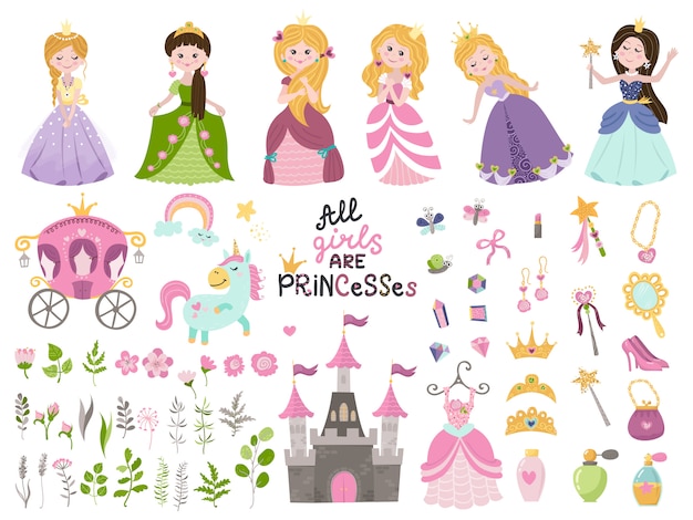Conjunto de vector grande de hermosas princesas, castillo, carro y accesorios.