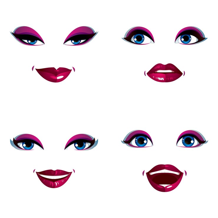 Vector conjunto de vector hermoso rostro femenino con maquillaje elegante, ojos y labios. las mujeres se enfrentan a rasgos que expresan diferentes emociones.