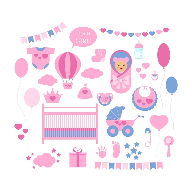 Conjunto de vector de icono de niña de ducha de bebé aislado sobre fondo blanco. Signo de recién nacido globo, sonajero, cochecito, cuna, babero, sombrero, botines, alfiler, regalo, bebé en manta, huella de mano, huella. Ilustración de diseño plano.