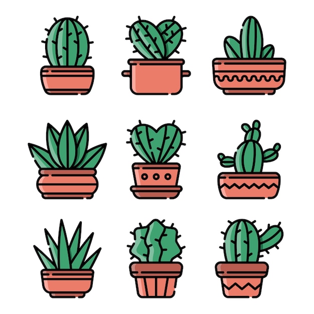 Conjunto de vector de ilustración de arte de línea de cactus